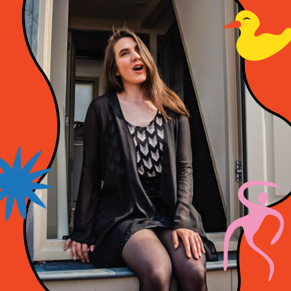 Woman singing on a stoop, surrounded by colorful cartoon graphics